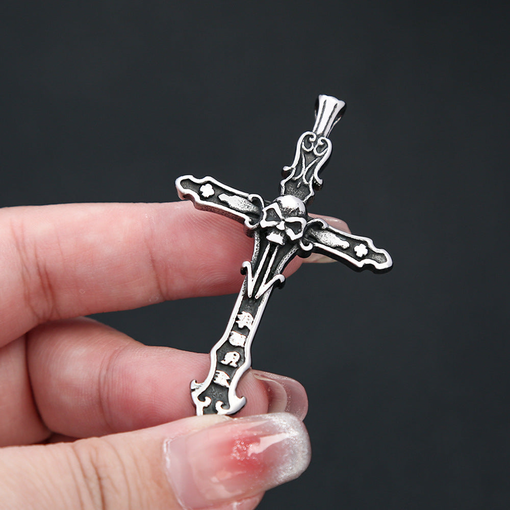 Planderful Vintage Skull Necklace with Stainless Steel Cross Pendant