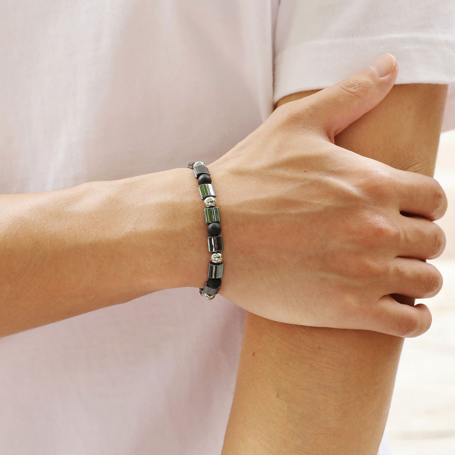 Men's Fashion Stainless Steel Frosted Agate Beaded Bracelet