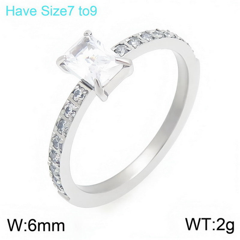 French Four-Claw Rectangle Color Zircon Ring Half Circle Zircon Stainless Steel