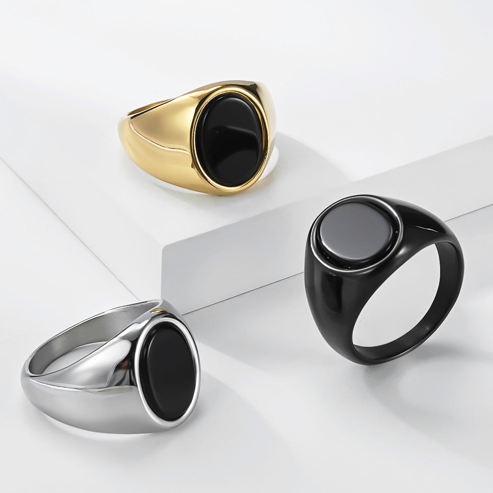 Planderful Titanium Steel Ring For Men Bold Black Stone Oval Geometric Design Everyday Jewelry