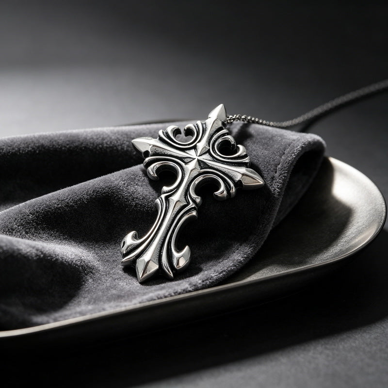 Cross Flower Pendant, Punk Style Goth Smear Skull Cross Stainless Steel Men's Pendant Necklace