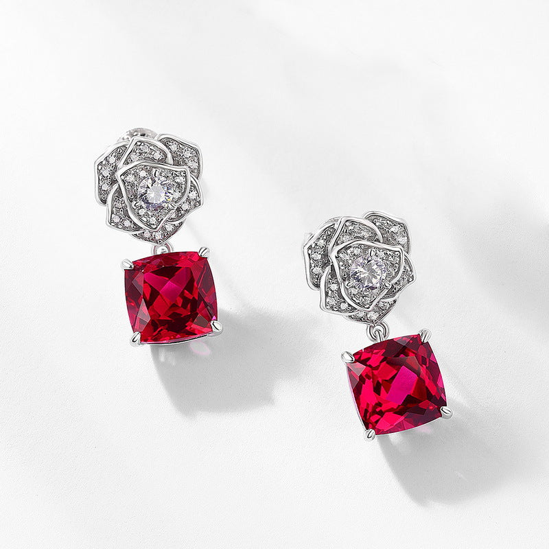 S925 Sterling Silver Lab-Grown Ruby Rose Stud Earrings