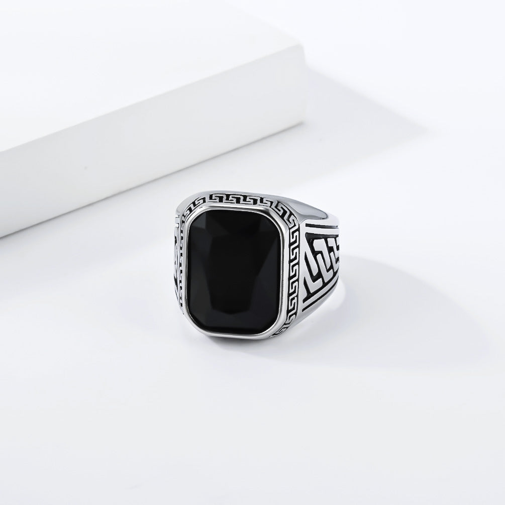 Textured Stainless Steel Gemstone Ring Men's Multi-Color Glass Stone Stainless Steel Index