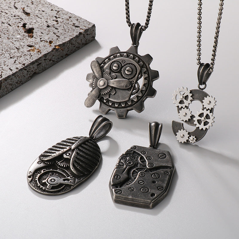 Age Of Steam Pendant, Punk Retro Stainless Steel Boiled Black Mechanical Gear Men's Necklace