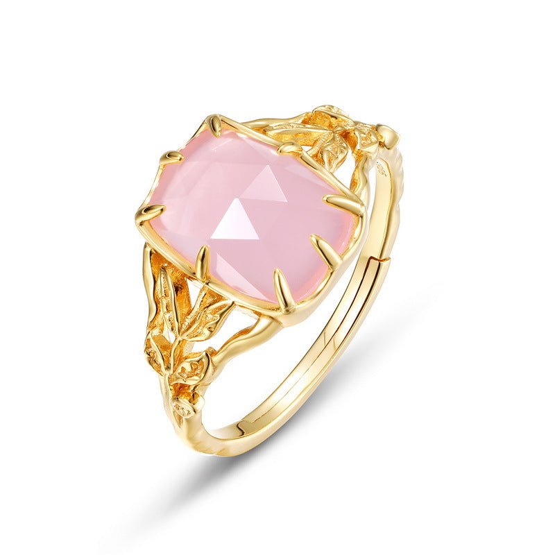 Rectangle Pink Crystal Hollow Leaf Opening Silver Ring