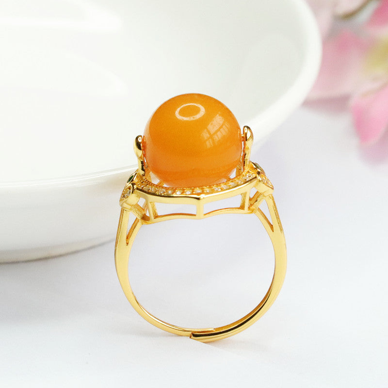 Elegant Sterling Silver Ring with Beeswax Amber Bead and Zircon
