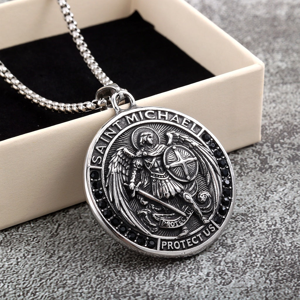 Vintage St. Michael Angel Stainless Steel Men's Pendant Necklace