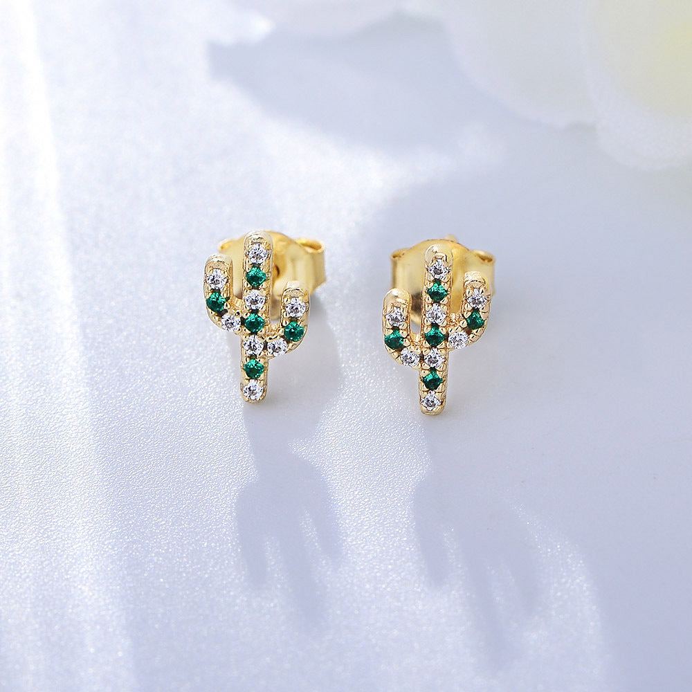 S925 Silver Plant Cactus Micro-Inlaid Zircon Small Stud Earrings Japan And Korea Sweet