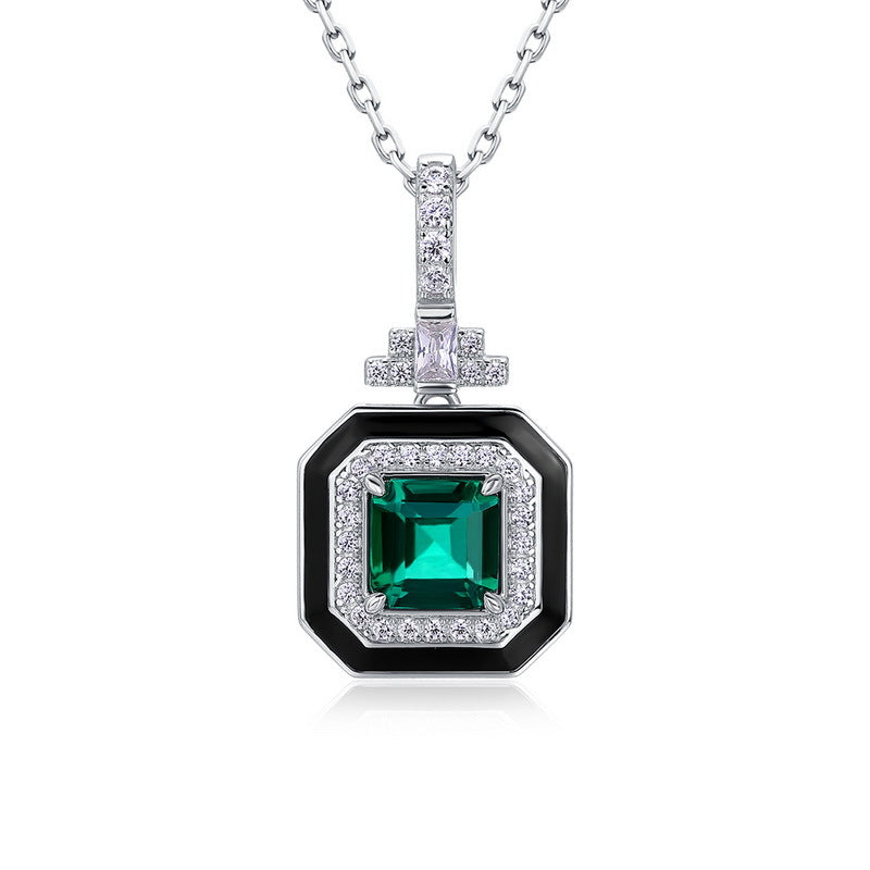 Planderful Jewelry Lab Grown Emerald Pendant Necklace In Sterling Silver S925 Square Vintage Design