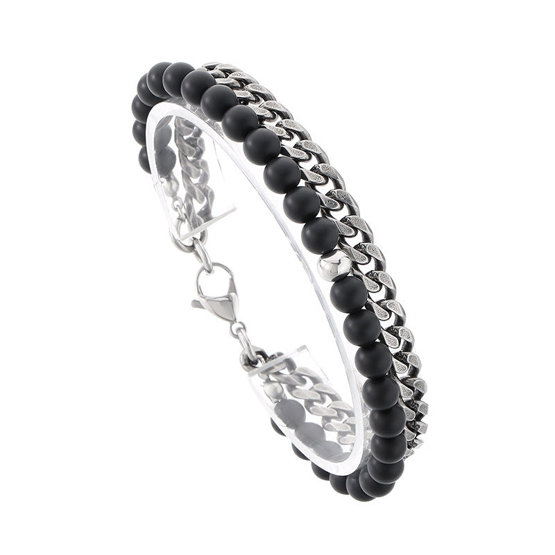 Planderful Mens Beaded Bracelet Black Agate Double Layer