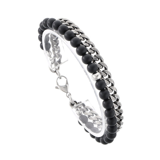 Planderful Mens Beaded Bracelet Black Agate Double Layer
