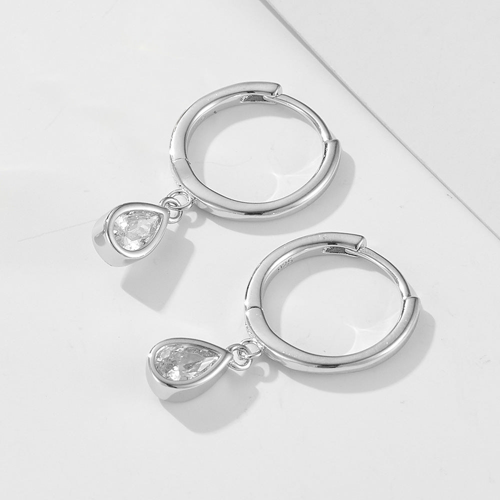 S925 Sterling Silver Drop-Shaped Zircon Earrings C-Shaped Ear Buckles Retro Classic Earrings