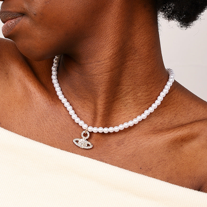 Extravagant Planet Pendant with French Vintage Pearl Necklace - Vienna Verve Collection