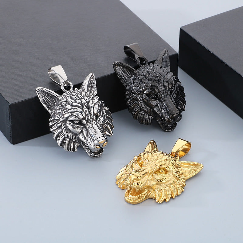 Animal, Punk Retro Viking Direwolf Head Stainless Steel Pendant For Men Necklace