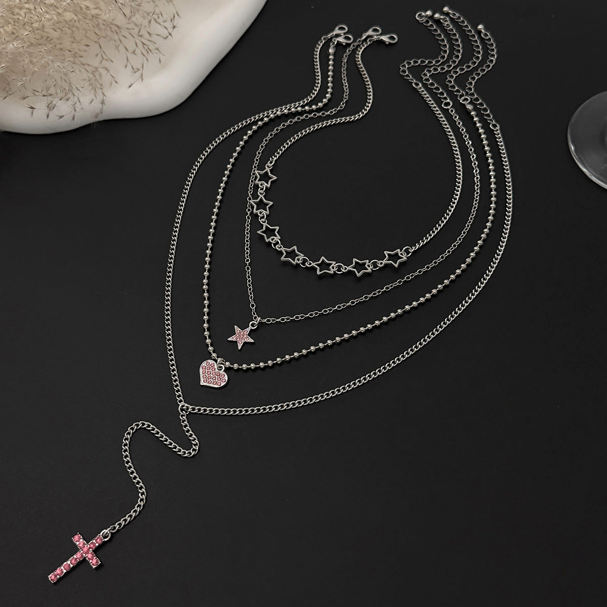 Y2k Spice Girls Pentagram Heart-Shaped Stacked Necklace Retro Cross Pink Zircon Pendant