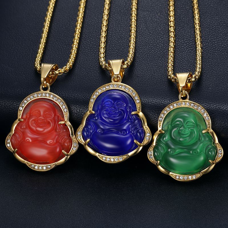 Planderful Maitreya Buddha Pendant Necklace Stainless Steel Gold Plated Zircon Opal Hip Hop Style For Men Women
