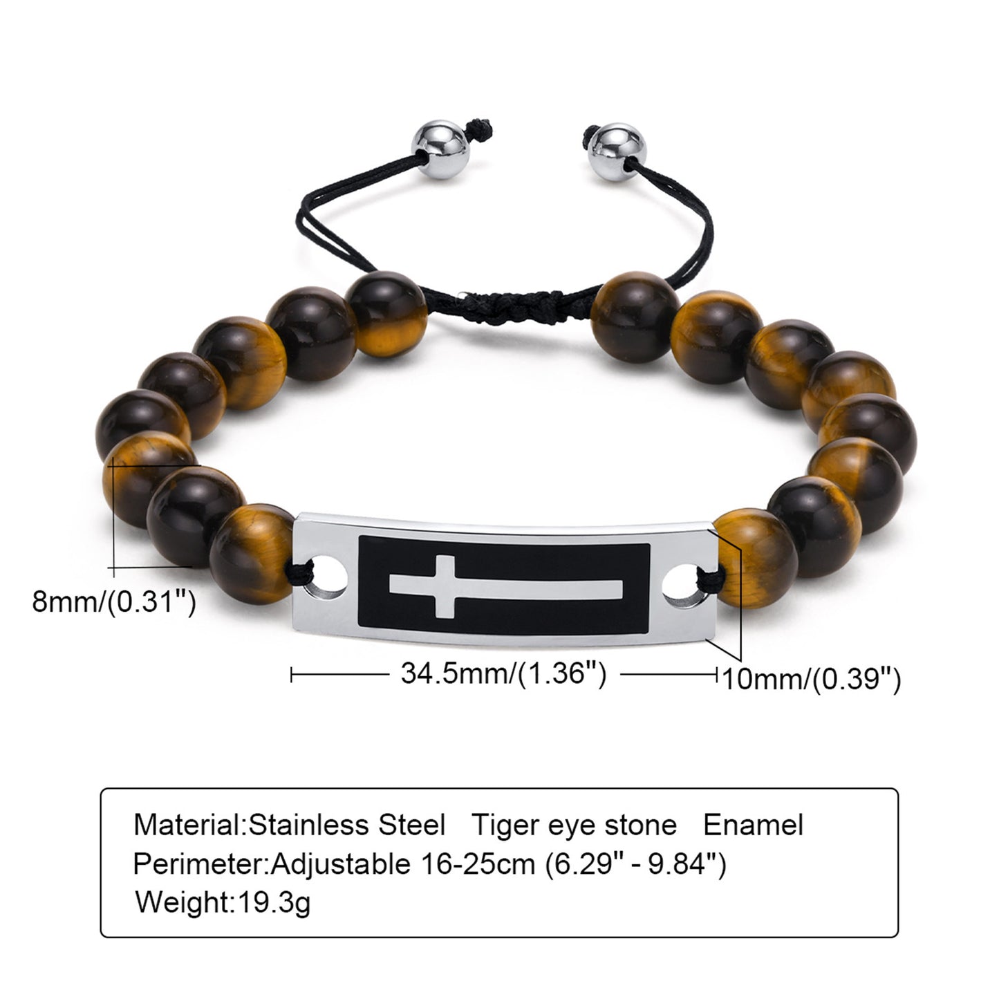 Bracelet Stainless Steel Bent Cross Black Agate Tiger's Eye Beaded Woven Bracelet for Men