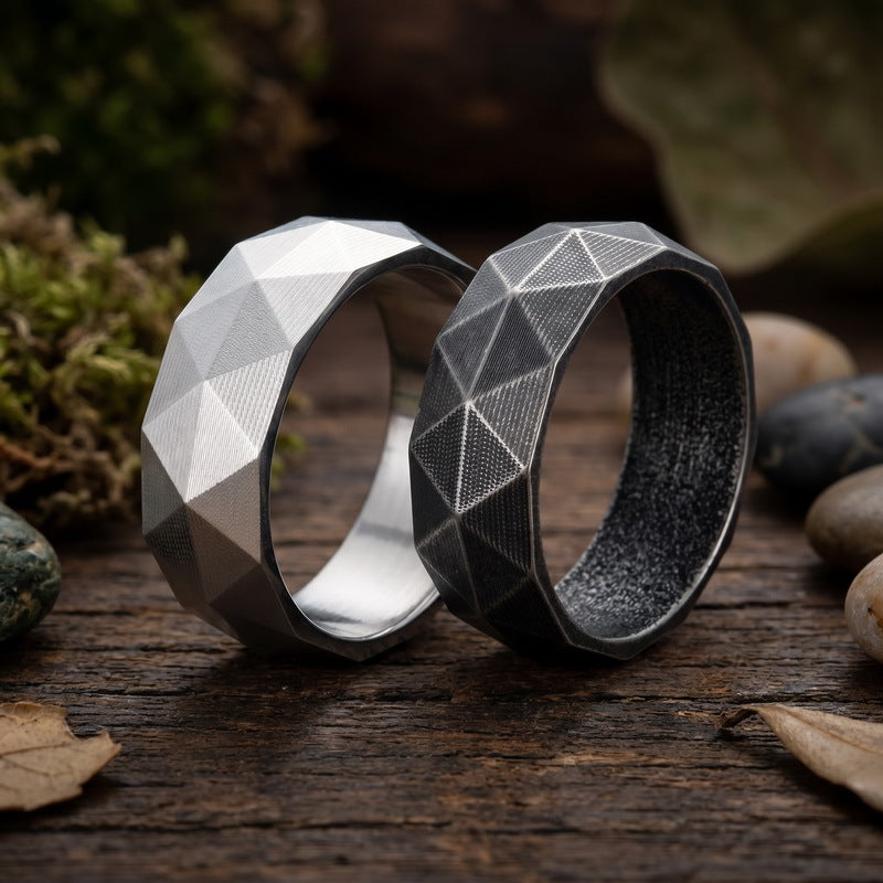 Niche Creative Geometric Ring, Punk Style Retro 8mm Rhombus Cut Stainless Steel Men's