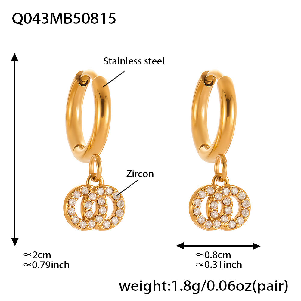 Planderful Zircon Earrings Titanium Steel Double Ring Women