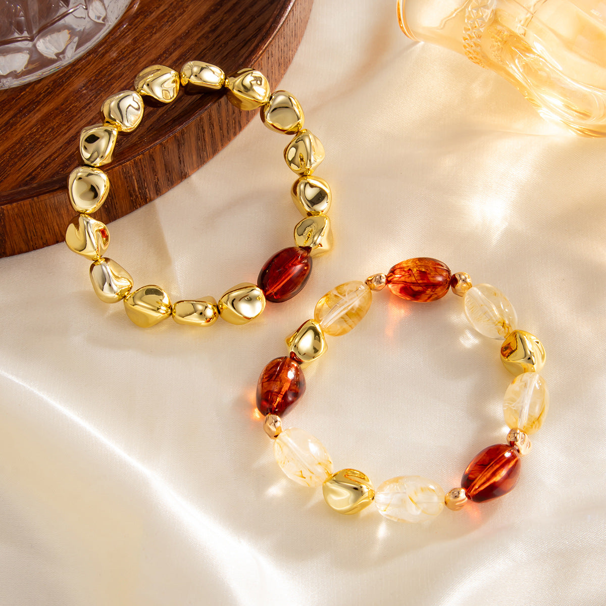 Amber Beaded Stacked Bracelet Knock Pattern Smudge Elastic Bracelet