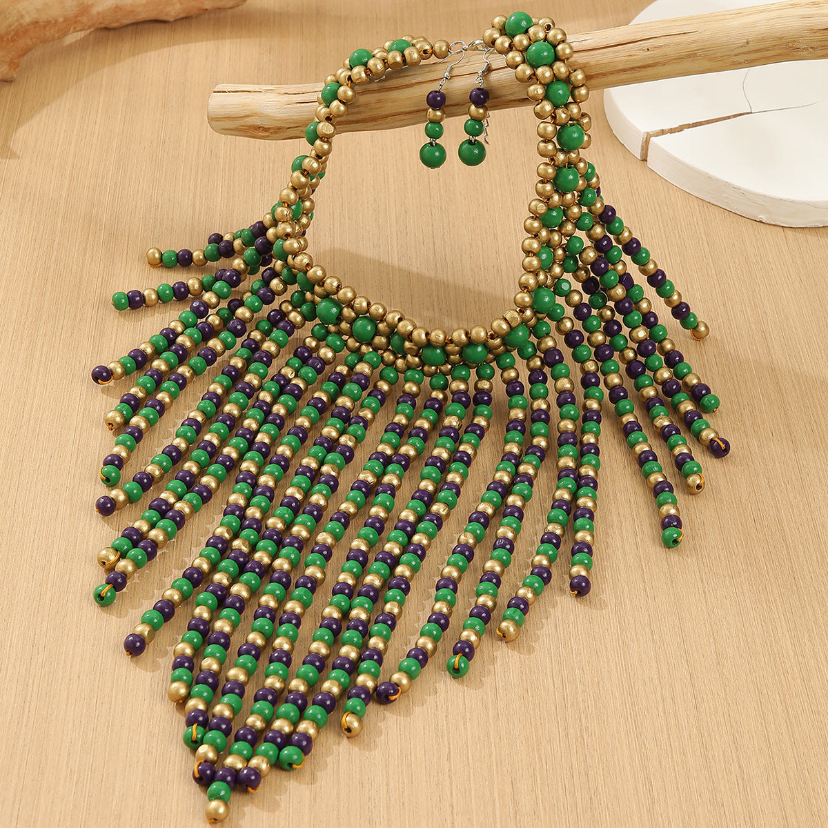 Savanna Rhythms Wooden Bead Tassel Necklace Earring Set