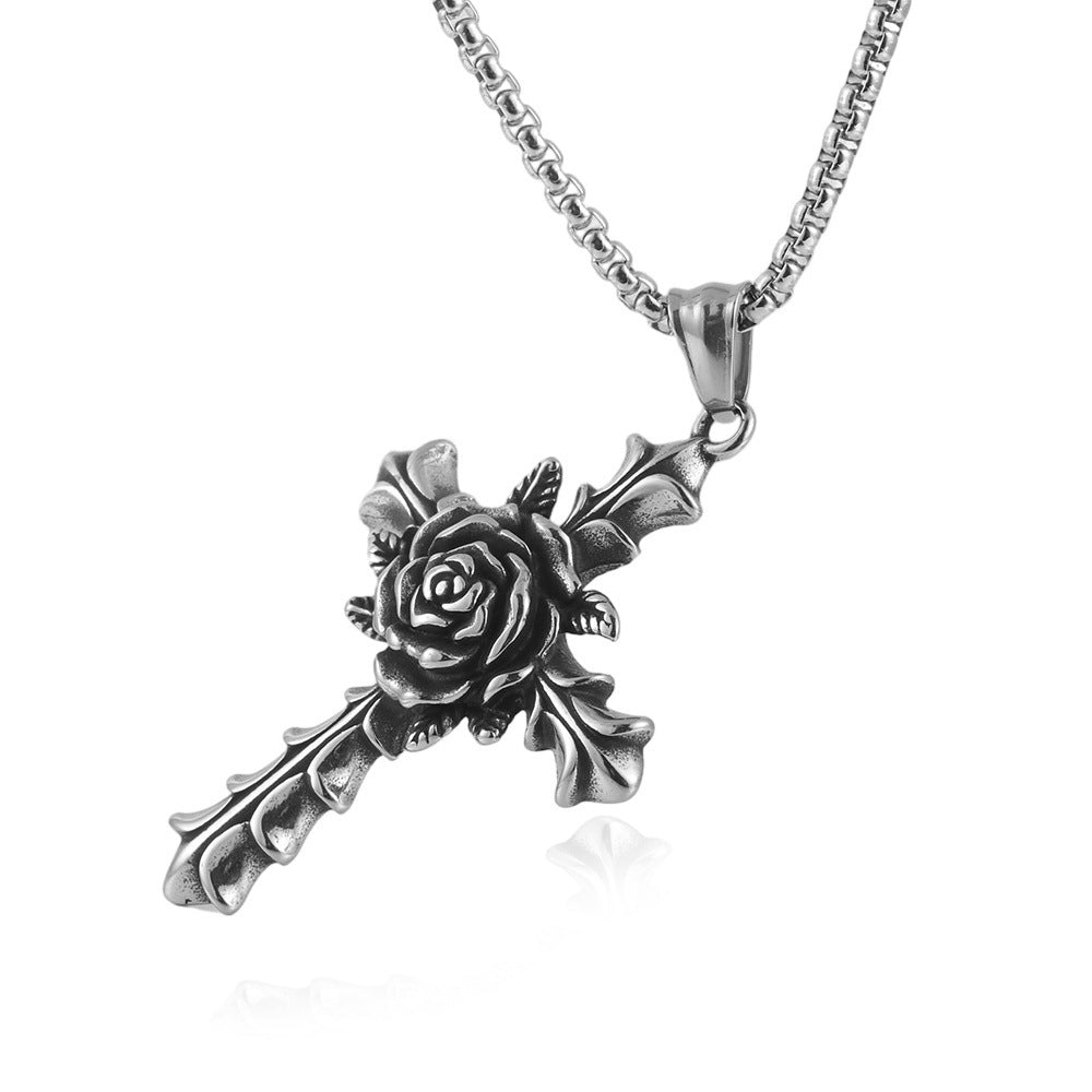 Titanium Steel Cross Pendant Necklace for Men - Trendy Punk Style with Floral Design