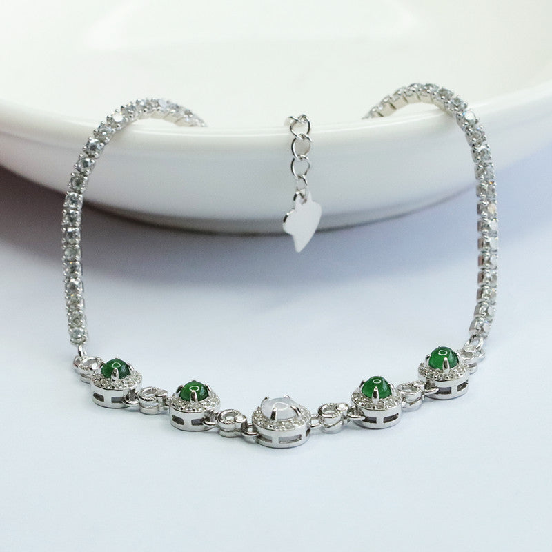 Green Jadeite Ice-White Cabochon Bracelet