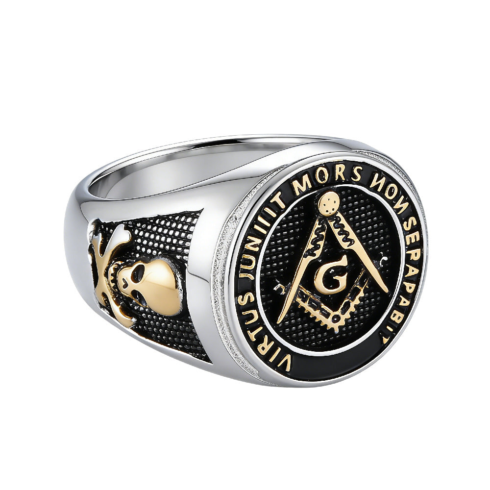 Planderful Titanium Steel Masonic Skull Ring With Logos Unisex Protection Statement