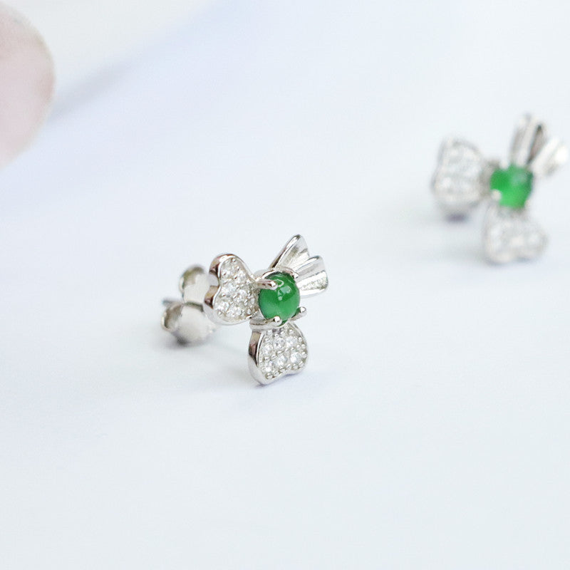 Icy Green Jadeite Bow 925 Silver Stud Earrings