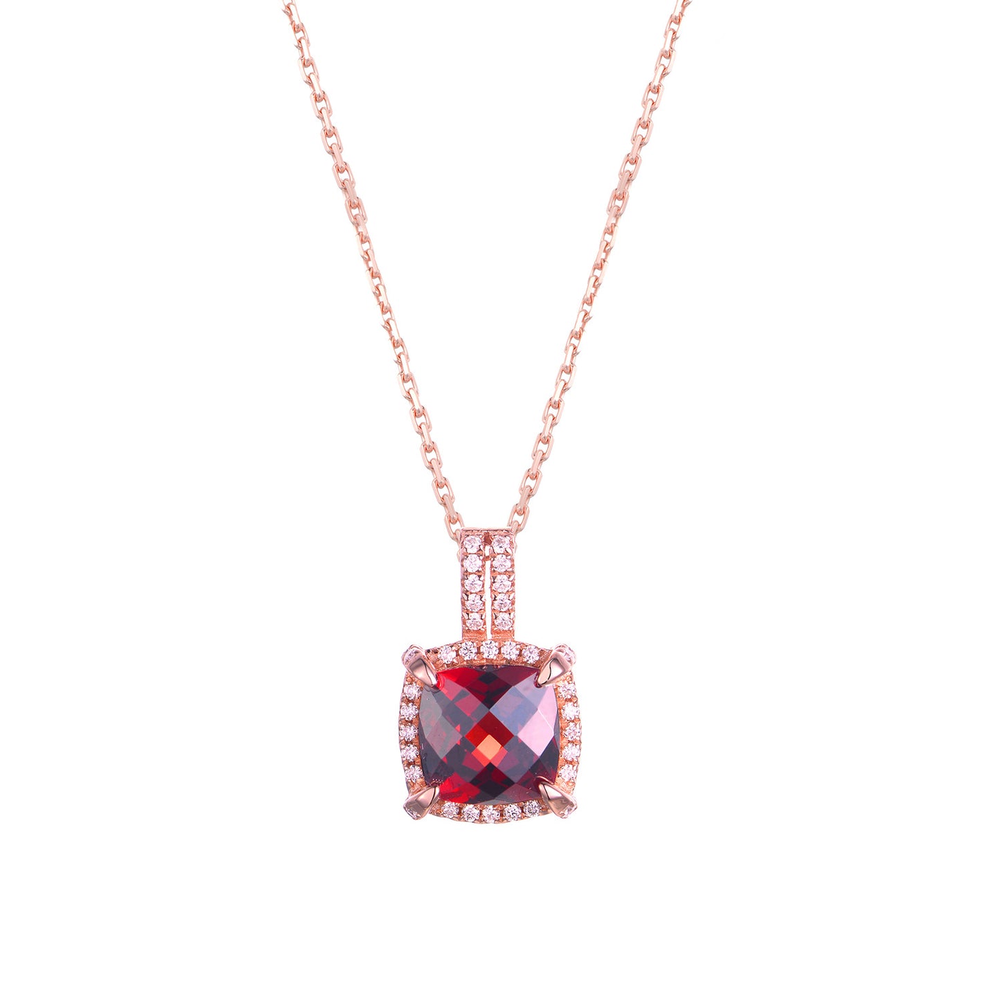 Soleste Halo Square Natural Red Garnet Silver Necklace