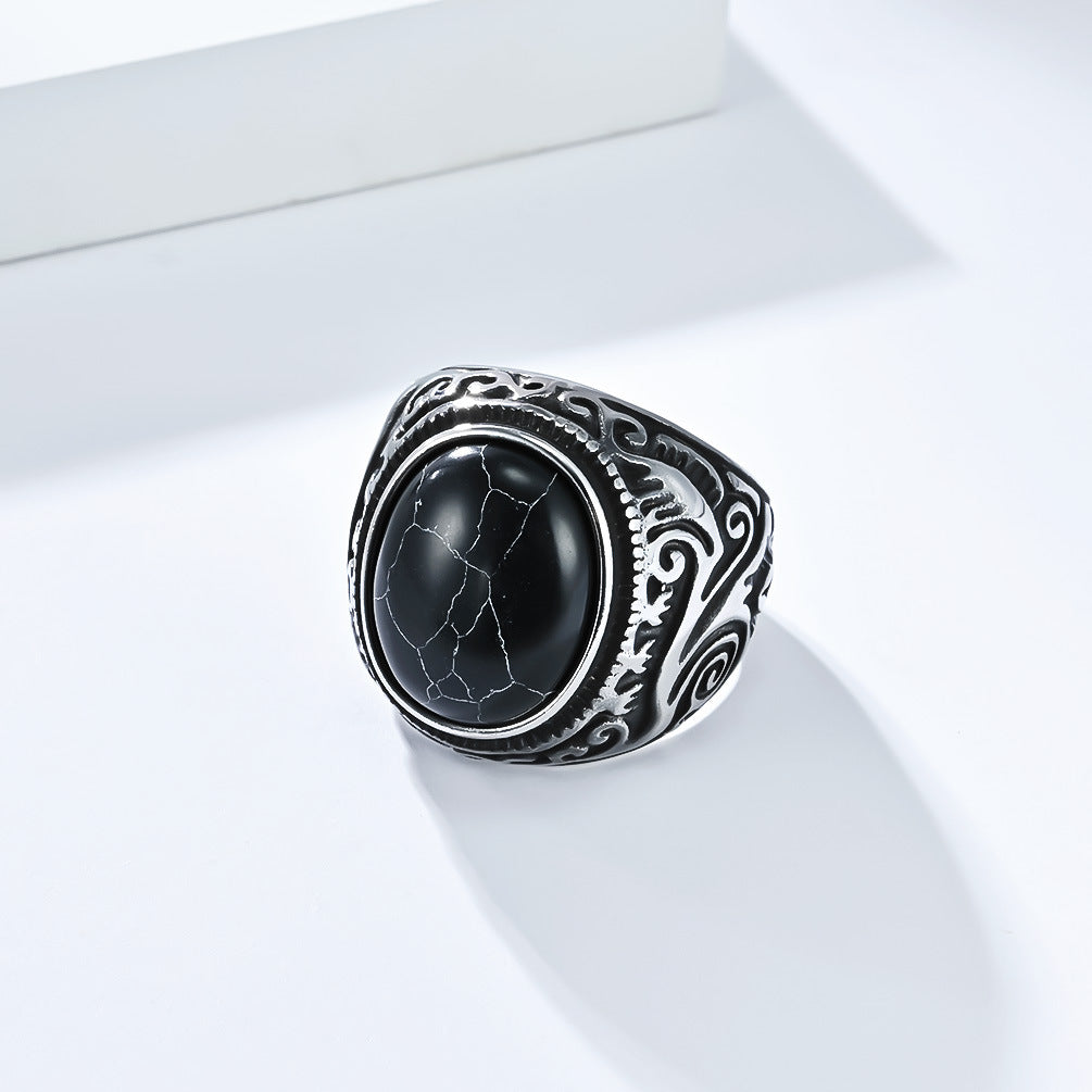 Planderful Mens Titanium Steel Ring With Tiger Eye Gem Retro Engraved Bold Statement Jewelry