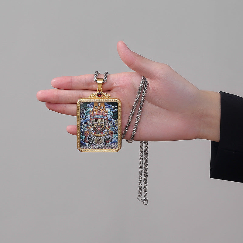 Steel Necklace – Elegant Chinese Style Dragon Thangka Pendant Necklace For Everyday Wear