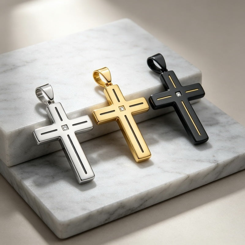 Popular Slotted Line Zircon Cross Titanium Steel Pendant Retro Contrasting Color Stainless Steel Necklace