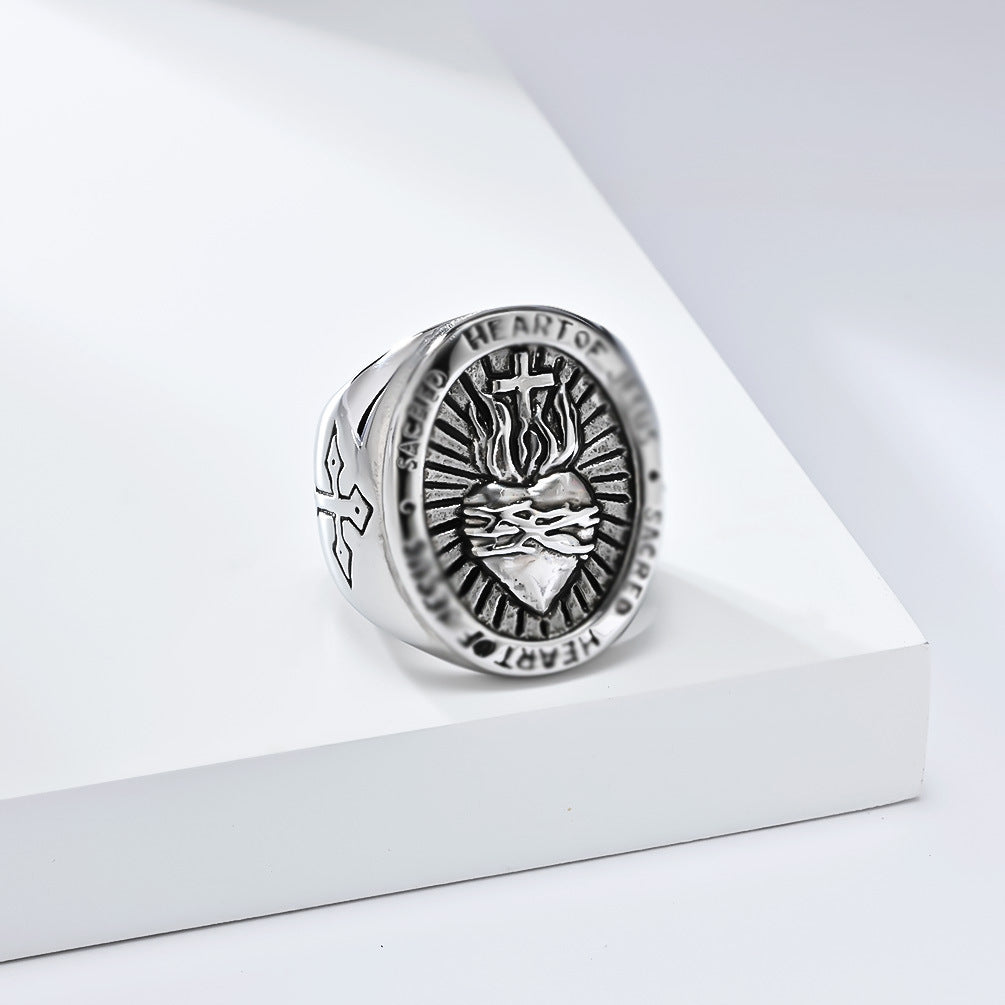 Stainless Steel Cross Heart Vintage Ring