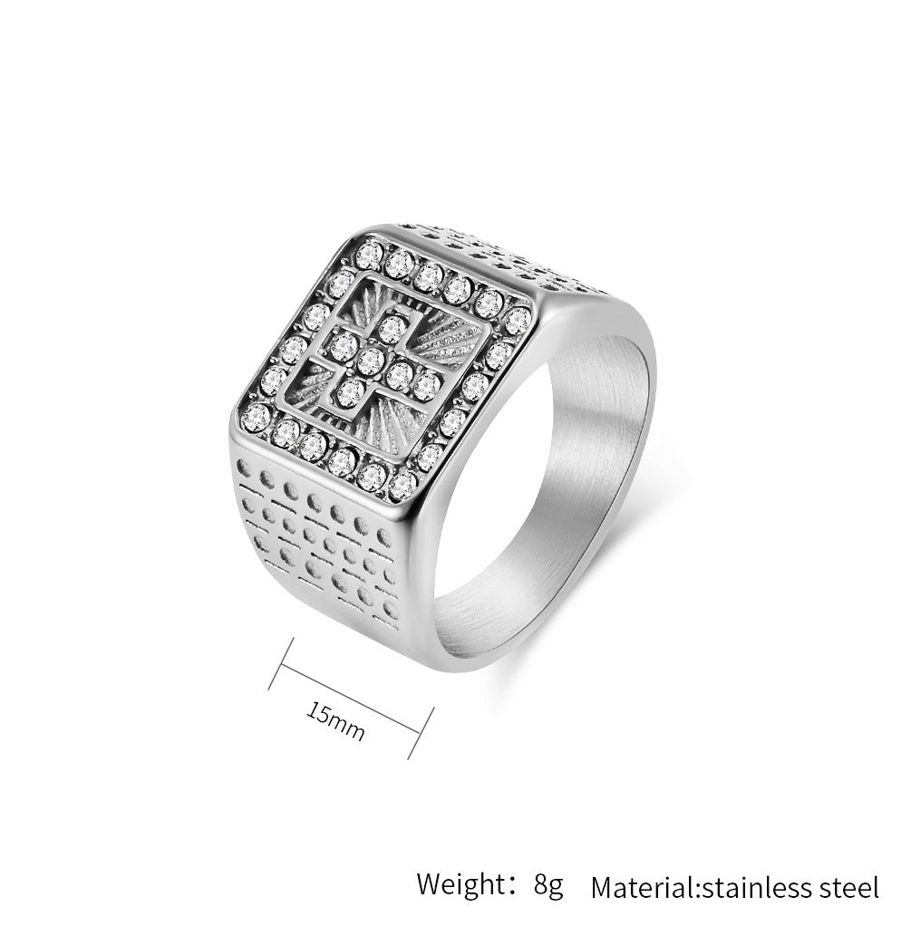Planderful Hip Hop Mens Cross Ring Titanium Steel Plated 18K Gold Zircon Premium Light Luxury Jewelry