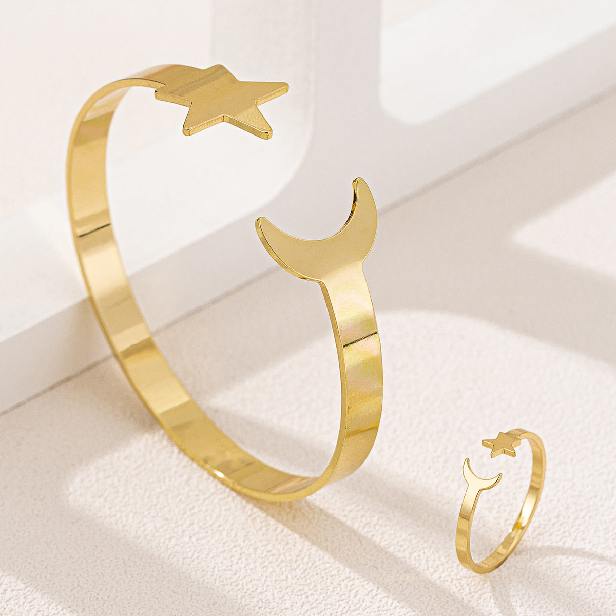 Stylish Metal Star Moon Bracelet and Ring Set for Women