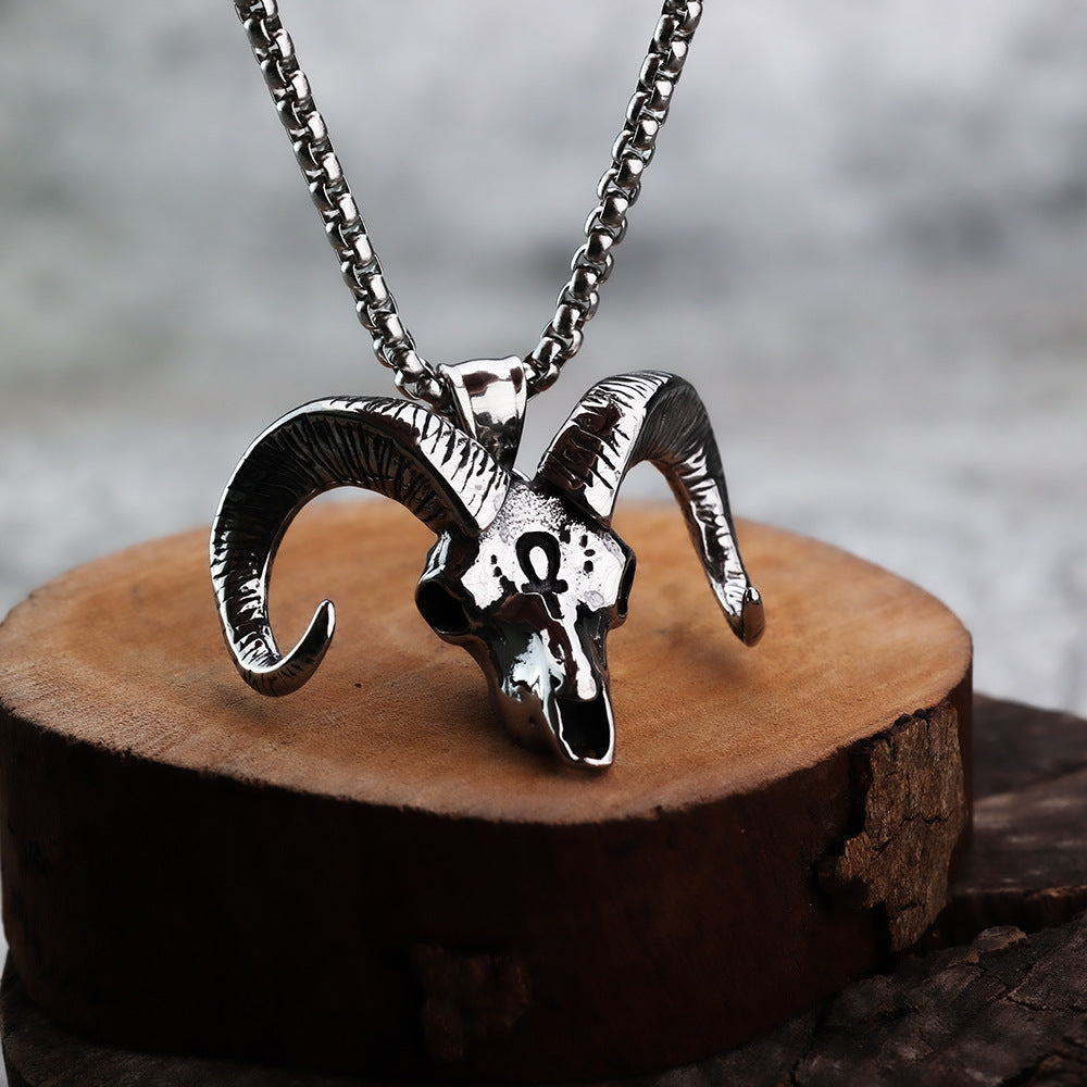 Nordic Retro Stainless Steel Men's Pendant Sheep Head Anka Cross