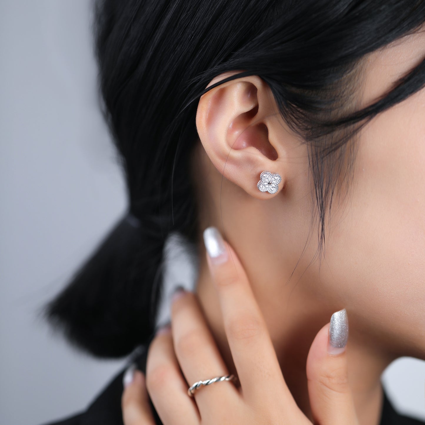 Full Zircon Clover Sterling Silver Stud Earrings