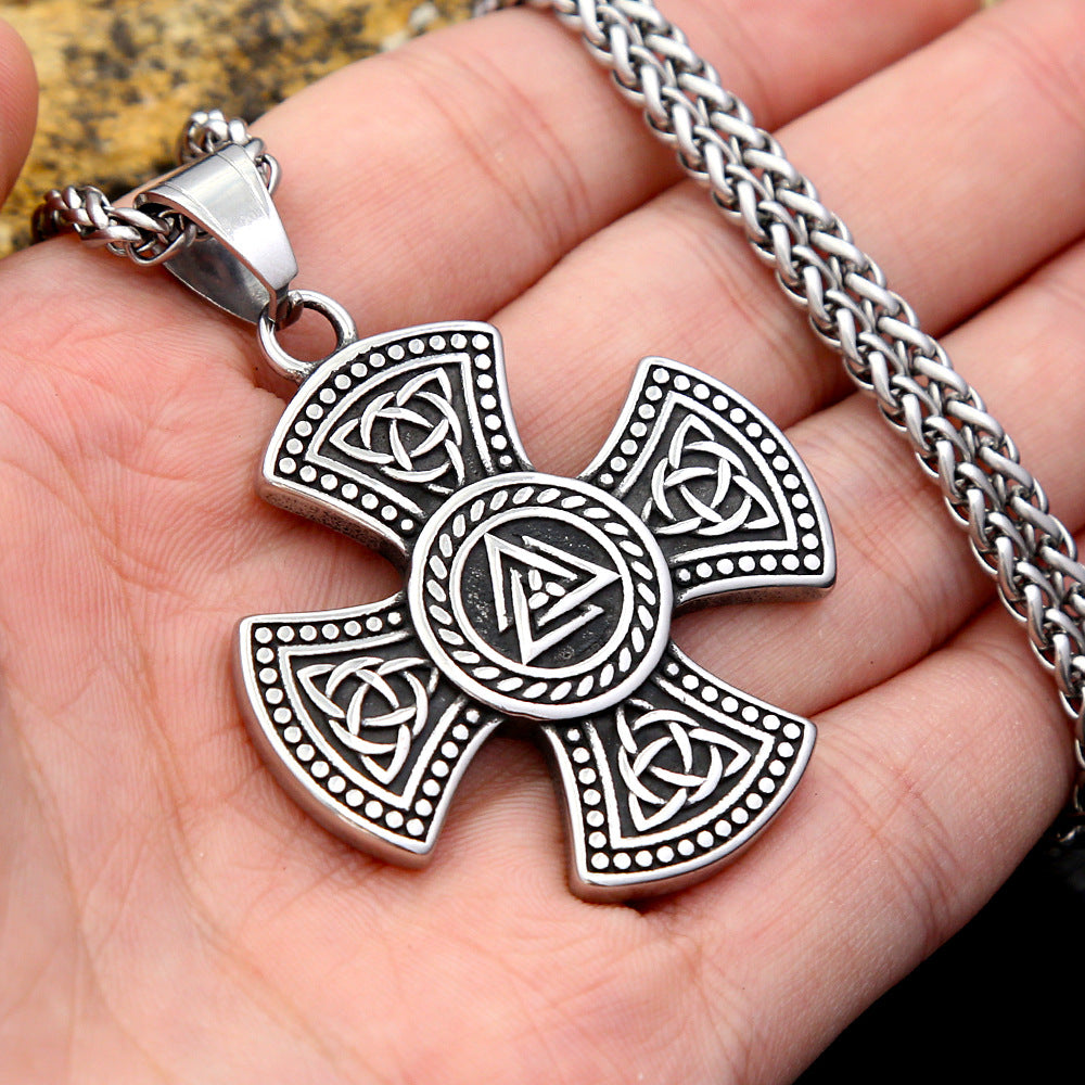 European And American New Titanium Steel Celtic Viking Rune Logo Cross Pendant Men's Hip-Hop Necklace Jewelry Wholesale