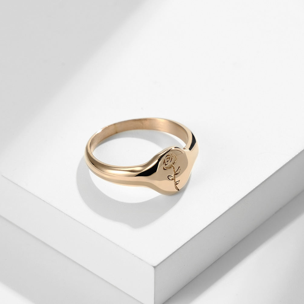 Steel Ring - Elegant European And American Style Floral Seal Ring For Everyday Wear