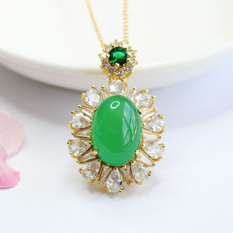 Rich Zircon Necklace with Natural Green Chalcedony Pendant