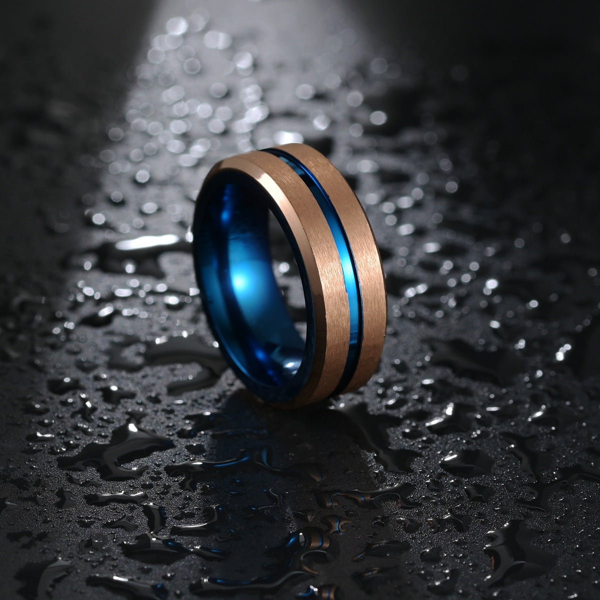 Rose Gold and Blue Tungsten Steel Men's Ring - European & American Fashion Jewelry