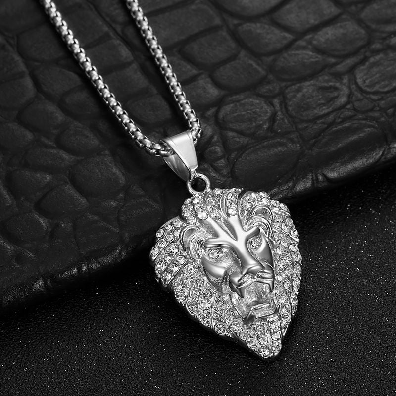 Planderful Hip Hop Jewelry Lion Head Necklace Durable Stainless Steel Gold Plated Zircon Pendant For Men And Women