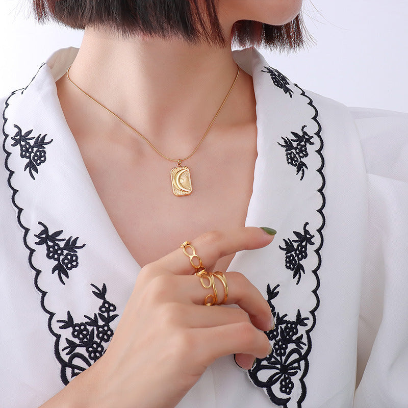 Geometric Moon Necklace with Gold Plating and Titanium Steel Chain