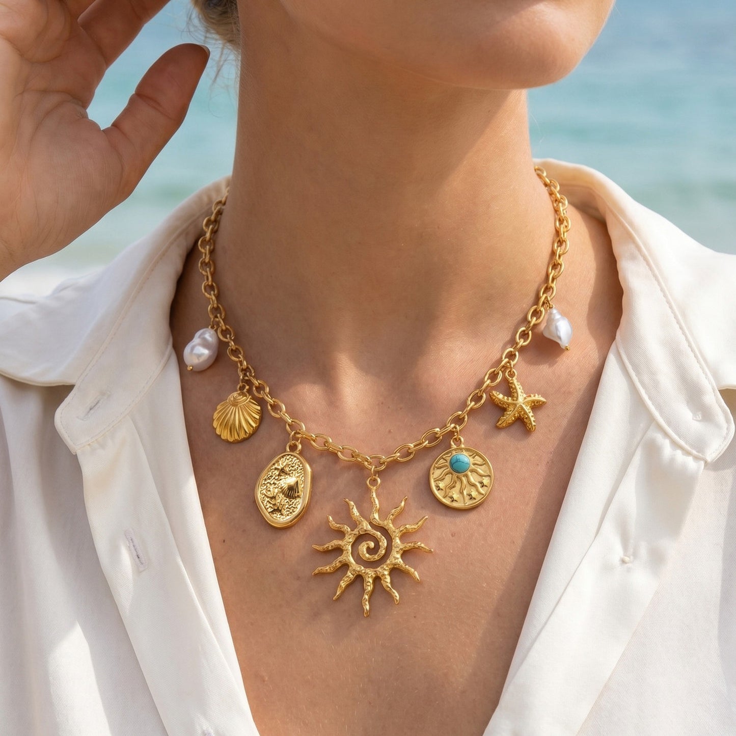 Stainless Steel Necklace Diy Ocean Wind Flower Imitation Pearl Necklace Gold