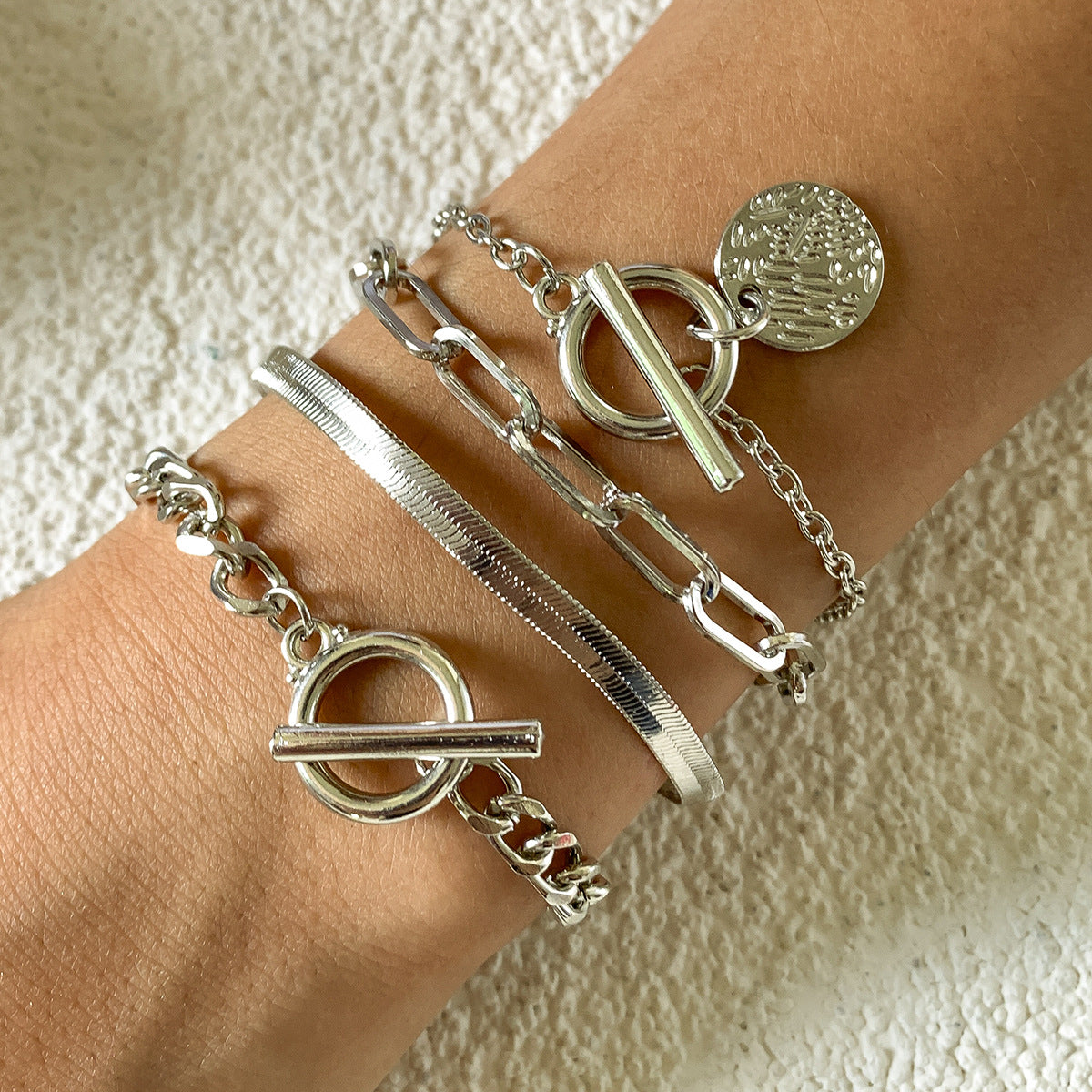 Planderful Vienna Verve Multi Layer Snake Chain Bracelet Set Buckle Tag Statement Jewelry For Women