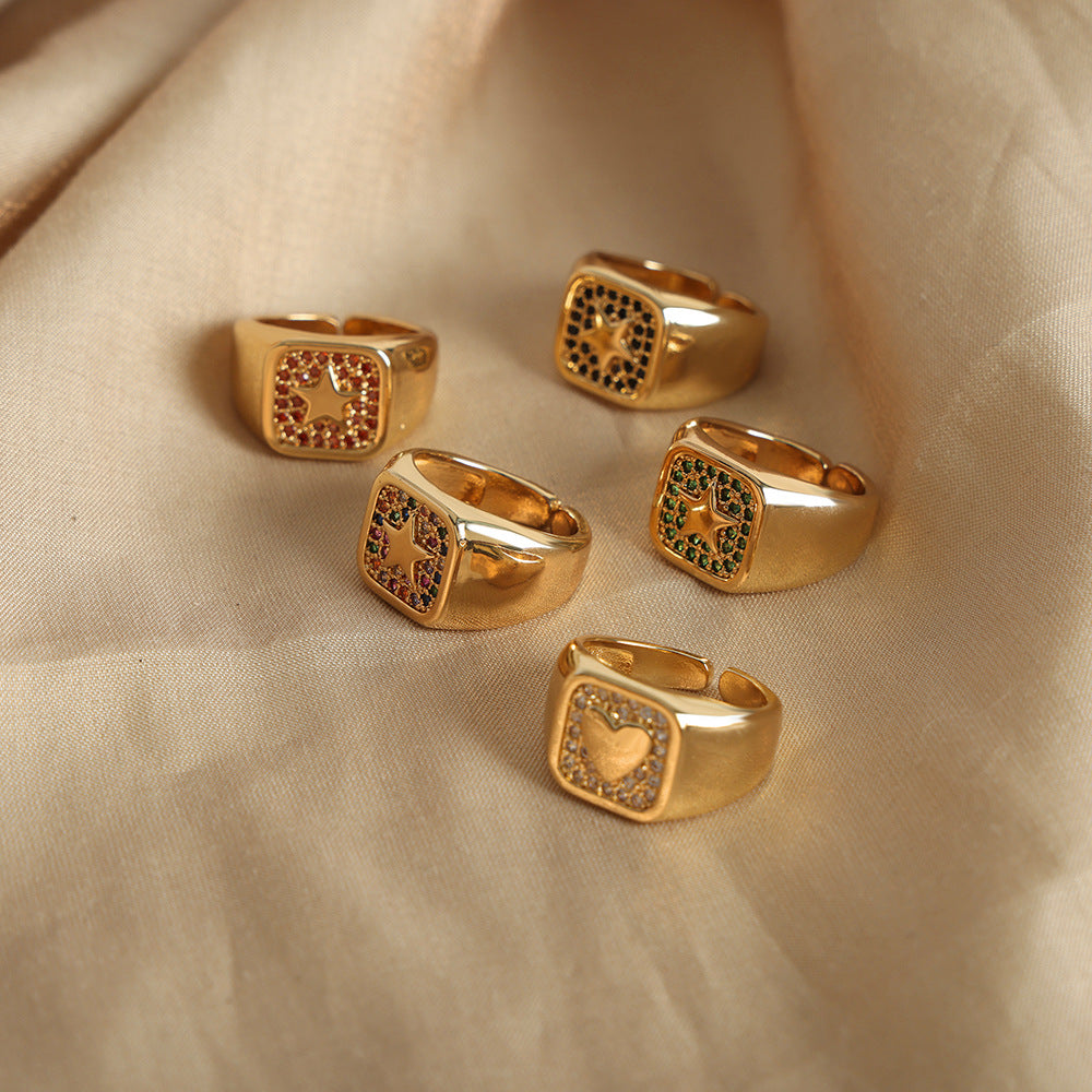 European Luxe Copper Square Zircon Star Open Ring - Women's Light Luxury Jewelry