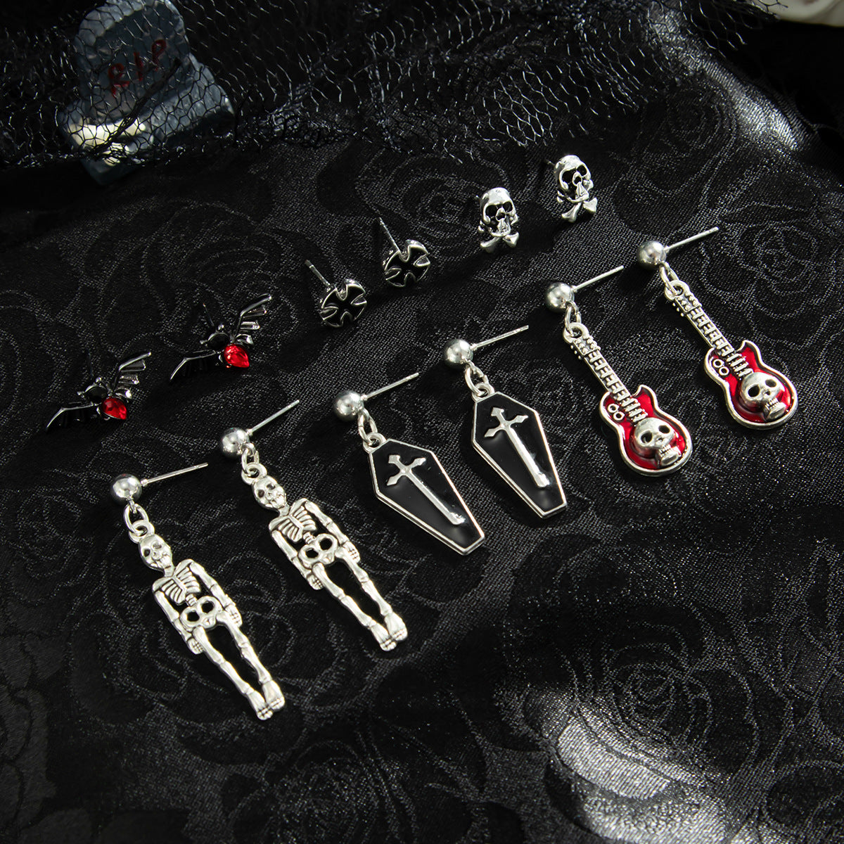 Planderful Gothic Halloween Earrings Set Spider Web Bat Blood Cross With Roses For Women Vienna Verve