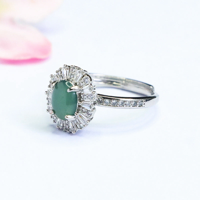 Blue-Water Jadeite Zircon Halo Ring