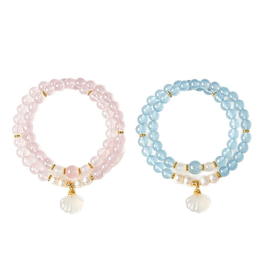 Freshwater Pearl Rose Quartz Chalcedony Double-Wrap Bracelet